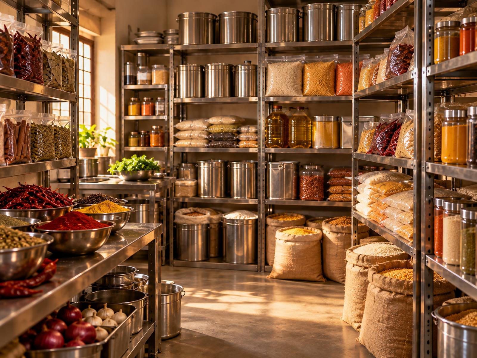 A well-stocked commercial kitchen store room